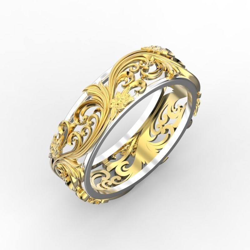 Engraved 14k Yellow Gold Men's Wedding Band Floral Ring