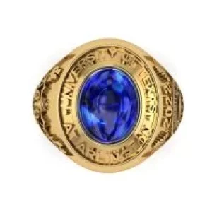 A 3D render of a gold class ring featuring a polished blue stone centerpiece and the Saint Augustine's University seal engraved on the side.