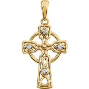 A polished gold Celtic cross pendant featuring intricate knotwork on the arms and four small round-cut diamonds set within the circular halo.
