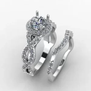 Hybrid engagement ring combining halo and pavé style