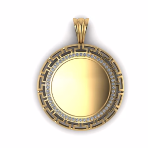 Custom Greek Key Coin Pendant With A Diamond Halo And Bold Geometric Border. Personalize The Coin, Metal, Gemstones And Details To Create Your Own Design.