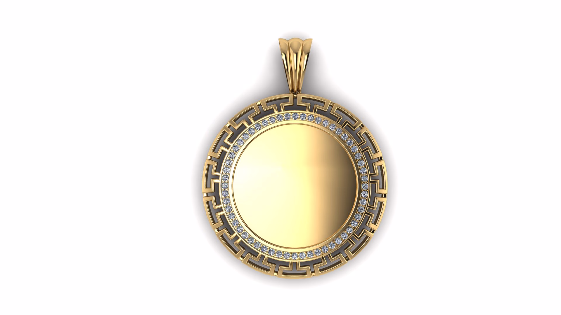 Custom Greek Key Coin Pendant With A Diamond Halo And Bold Geometric Border. Personalize The Coin, Metal, Gemstones And Details To Create Your Own Design.