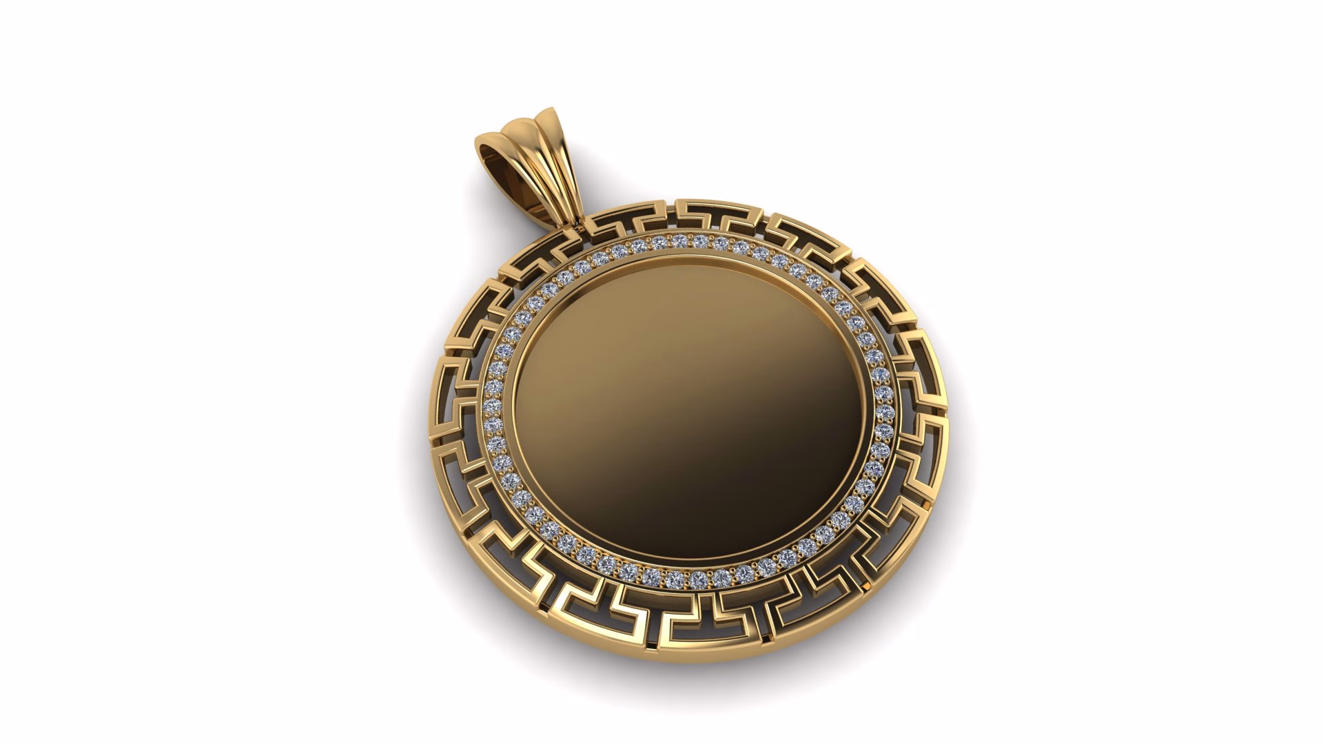 Custom Greek Key Coin Pendant With A Diamond Halo And Bold Geometric Border. Personalize The Coin, Metal, Gemstones And Details To Create Your Own Design.